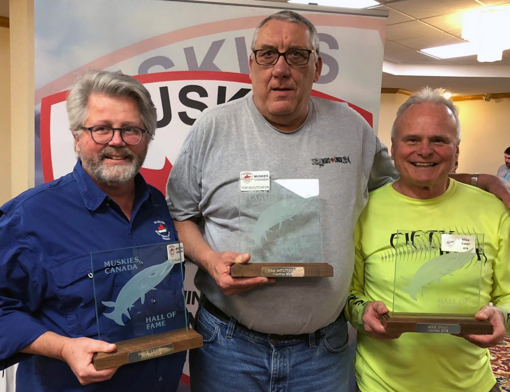 The 2018 Muskies Canada Hall of Fame Inductees: Peter Levick, Tom McCutcheon, Mike Swan, Absent on the photo: Arunas Liskauskas and Bill Hamblin.